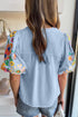 Floral Embroidered Puff Sleeve Split Neck Blouse
